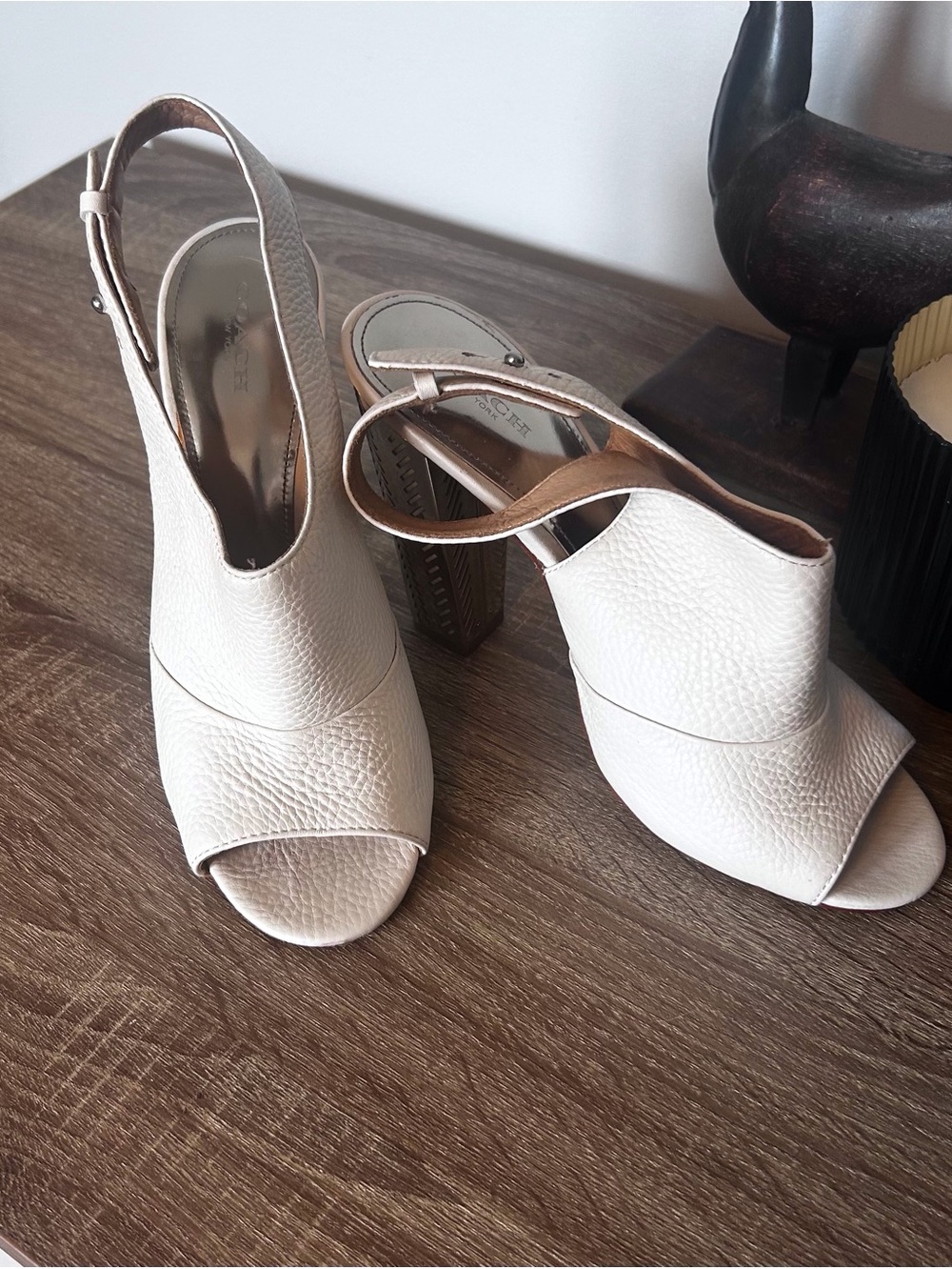 Coach White Peep-Toe Slingback Heels with Brown Strap